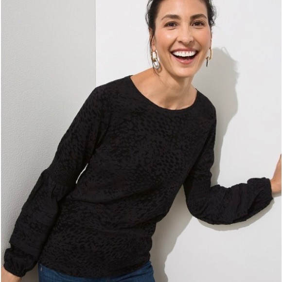 Chico's Tops - CHICO’S NWT 3 L XL Flocked Sleeve Knit Animal Print Blouson Sleeve Top in Black